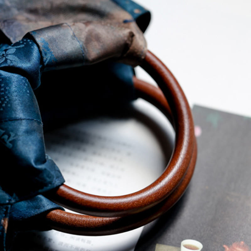 Bolso de mano con asa de madera azul con flor de jacquard hecho a mano con Buddha Stones