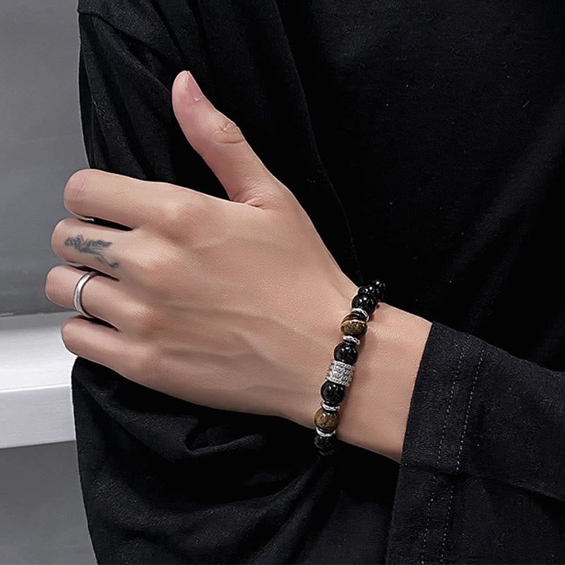 Pulsera de cumplimiento de fuerza de ojo de tigre de obsidiana negra natural con Buddha Stones