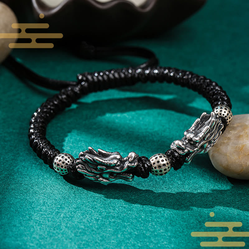 Pulsera trenzada hecha a mano con doble suerte de dragón de plata de ley 999 con Buddha Stones