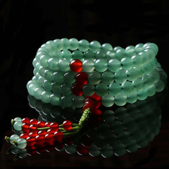 Pulsera Mala de la suerte con 108 cuentas, aventurina verde, ágata roja