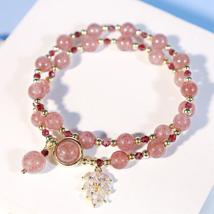 Pulsera de doble envoltura con dije de hoja de arce curativo de amor de cuarzo fresa natural
