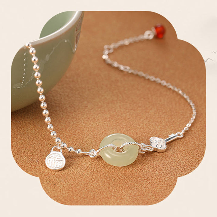Pulsera de cadena de la suerte con hebilla de la paz de jade hetiano de plata de ley 925 con Buddha Stones