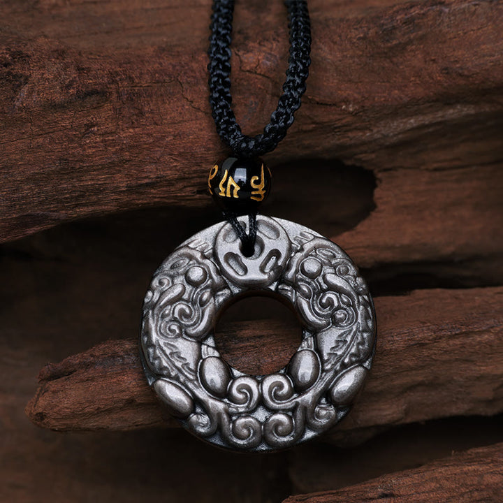 Colgante de collar de protección con hebilla de la paz, moneda de cobre PiXiu doble, obsidiana brillante de plata Natural , Buddha Stones - Obsidiana con brillo plateado (Comunicación ♥Relajante) - image 1