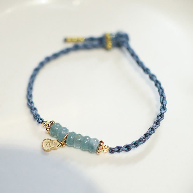 Pulsera trenzada de la suerte con carácter Fu de Cuarzo rutilado con calabaza de jade natural de plata de ley 925