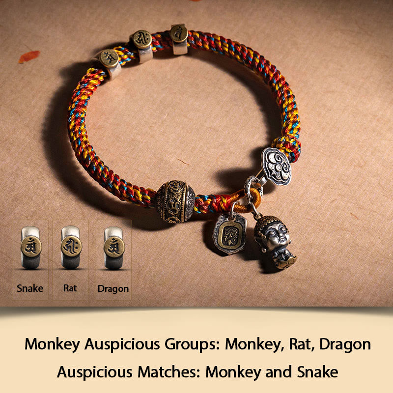 Buddha Stones hechas a mano tibetana de plata de ley 925, zodíaco chino, Buda natal Zakiram, diosa de la protección de la riqueza, pulsera trenzada de cuerda multicolor