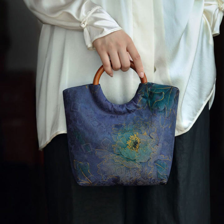 Bolso de mano con mango de madera maciza, Buddha Stones , flor de peonía, hojas de bambú, pájaro