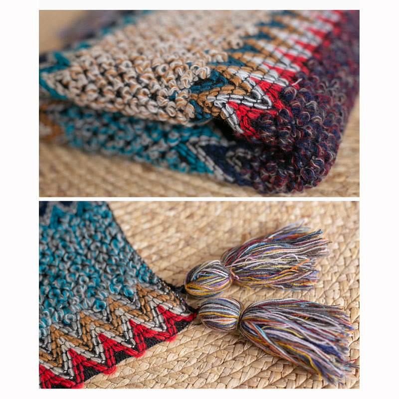 Mantón tibetano de Buddha Stones , bufanda cálida con borlas y patrón ondulado azul, Beige y rojo para invierno