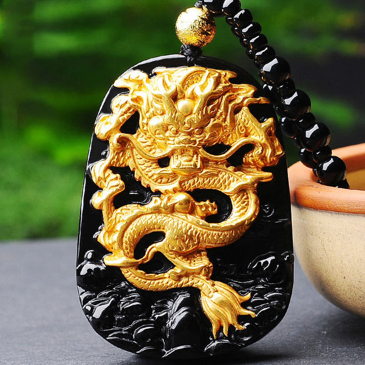 Collar con colgante de la suerte de obsidiana dragón chapado en oro de 18 quilates con Buddha Stones - image 1