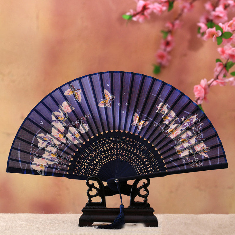 Abanico plegable de bambú con Buddha Stones, flor de cerezo, lirio, mariposa, bambú, 21cm
