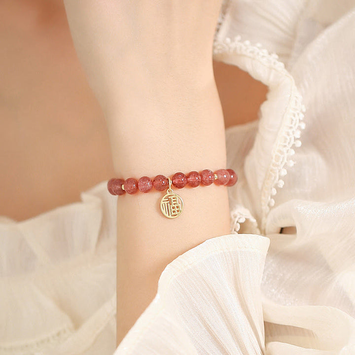 Pulsera con dije curativo de personaje Fu de cuarzo fresa chapado en oro de 14 quilates con Buddha Stones