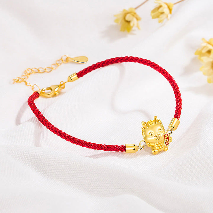 Pulsera de cadena de cuerda roja con Buddha Stones , Plata de Ley 925, Año del Dragón de la suerte, dragón dorado de la suerte