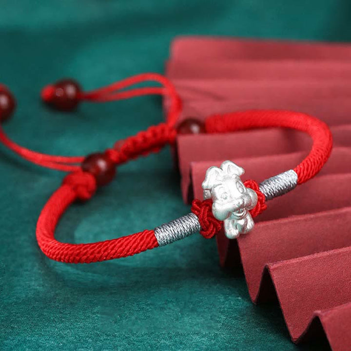 Pulsera de hilo rojo de la fuerza de la suerte del zodíaco chino de plata de ley 999 con Buddha Stones