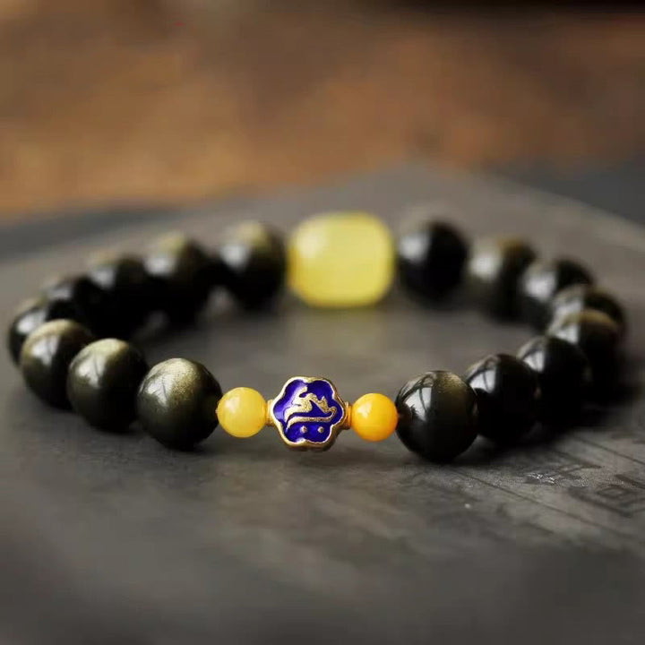 Pulsera de protección de la riqueza, Plata de Ley 925 con Buddha Stones , zodíaco chino, Buda natal, brillo de oro Natural, obsidiana, ámbar