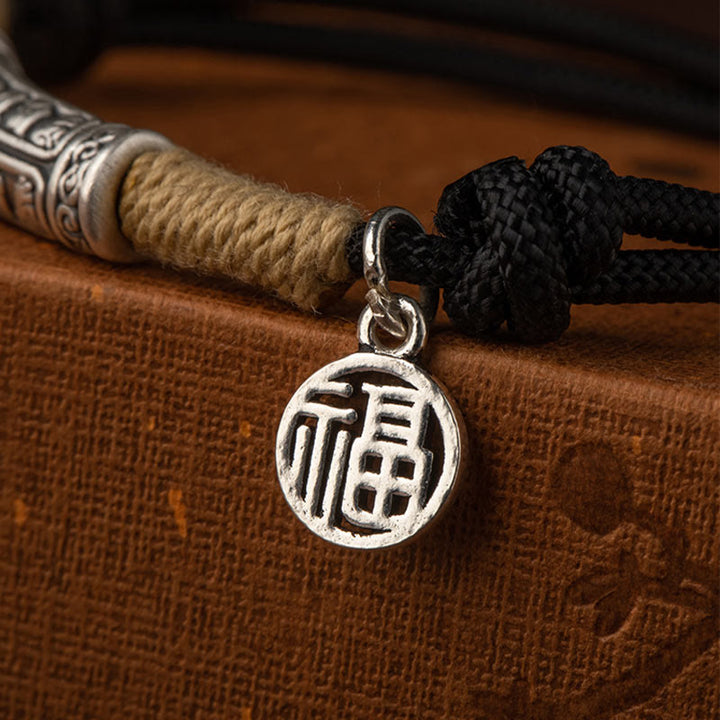 Pulsera trenzada de plata de ley 999 con Buddha Stones , hecha a mano en el Tíbet, Om Mani Padme Hum Fu, personaje de TopRank, suerte