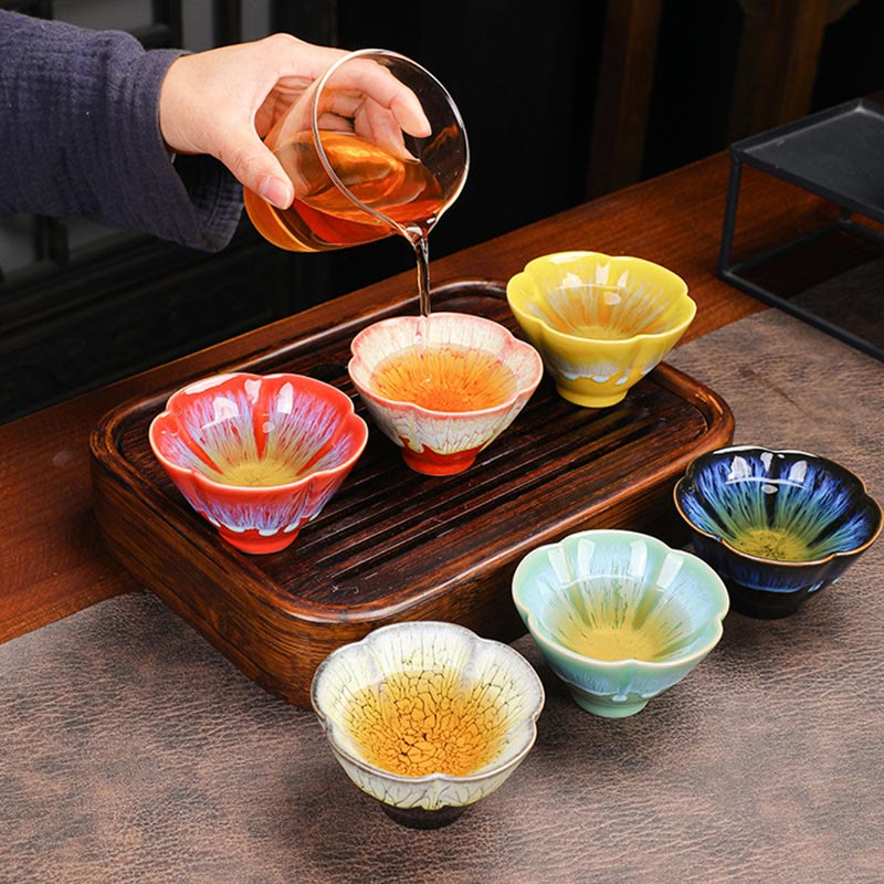 Buddha Stones, 6 uds., patrón de pétalos de flor de ciruelo, horno chino Jianzhan, cambio de taza de té de cerámica, tazón de té de Kung Fu con caja de regalo