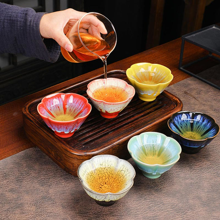 Buddha Stones, 6 uds., patrón de pétalos de flor de ciruelo, horno chino Jianzhan, cambio de taza de té de cerámica, tazón de té de Kung Fu con caja de regalo