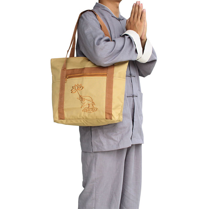 Bolsa de hombro de lona con patrón de bordado de loto para práctica de la mente espiritual