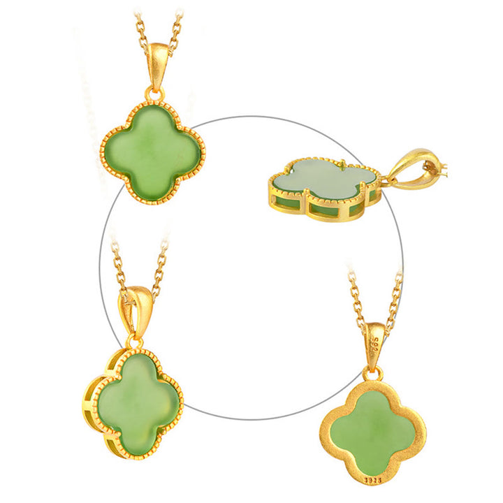 Collar con colgante de trébol de cuatro hojas de la suerte de jade hetiano natural de plata de ley 925 con Buddha Stones - image 5