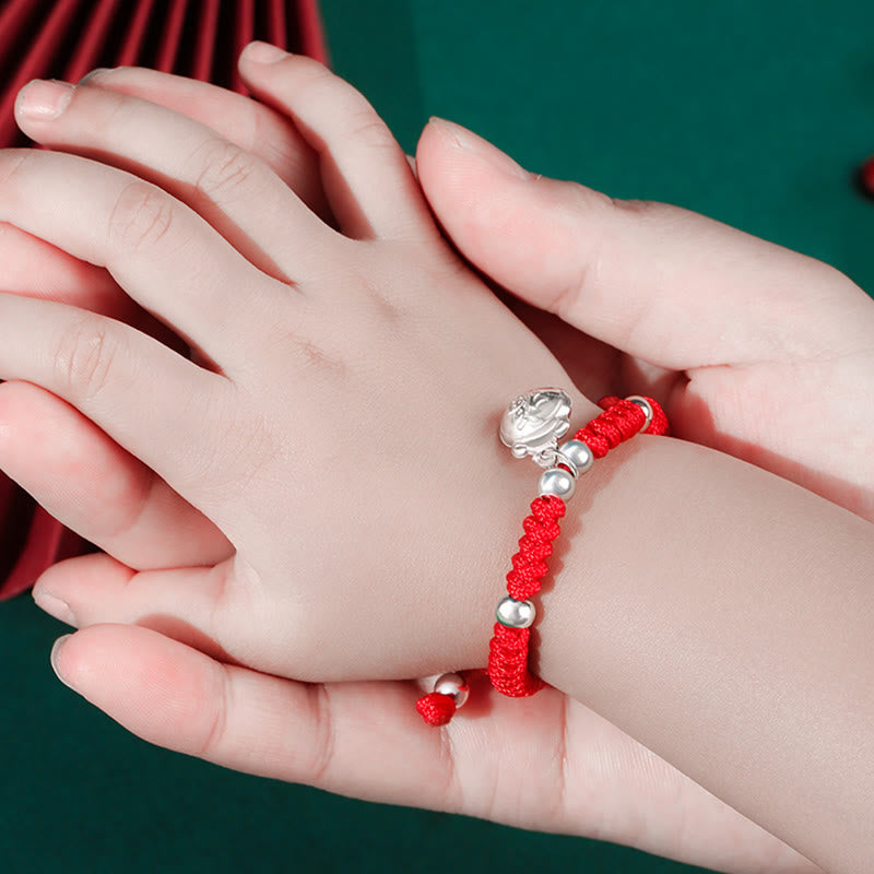 Buddha Stones Plata de ley 925 Hecha a mano Personaje Fu Bolsa de dinero de la suerte Candado chino Campana Loto Moneda de cobre Nudo King Kong Pulsera trenzada para niños