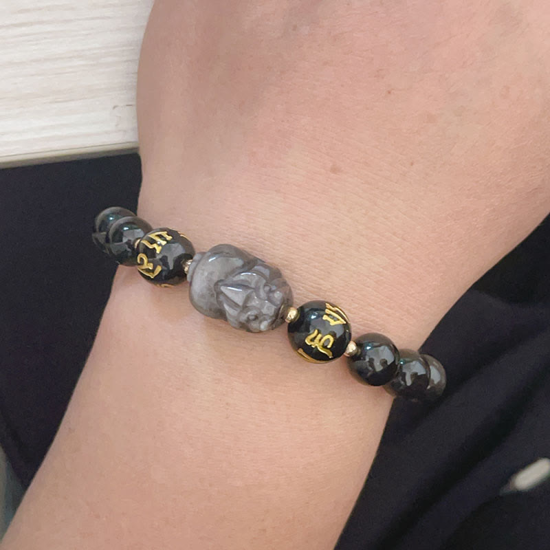 Buddha Stones Plata natural Brillo Obsidiana Obsidiana negra Om Mani Padme Hum Pixiu Pulsera de protección