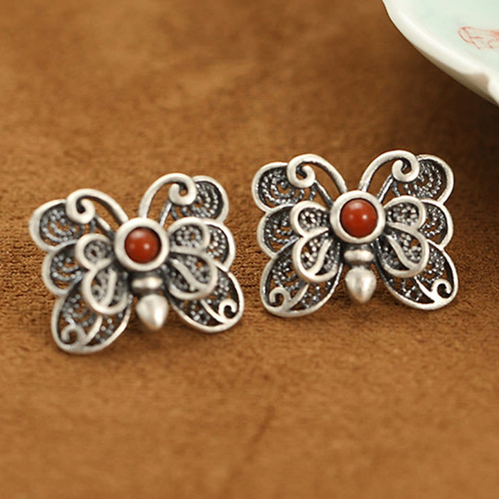 Juego de pendientes de anillo de autoaceptación de mariposa de ágata roja de plata de ley 925 con Buddha Stones