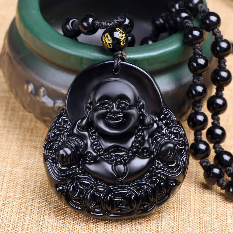 Collar con colgante de protección de fuerza de obsidiana negra de Buda sonriente con Buddha Stones - Obsidiana negra - image 1