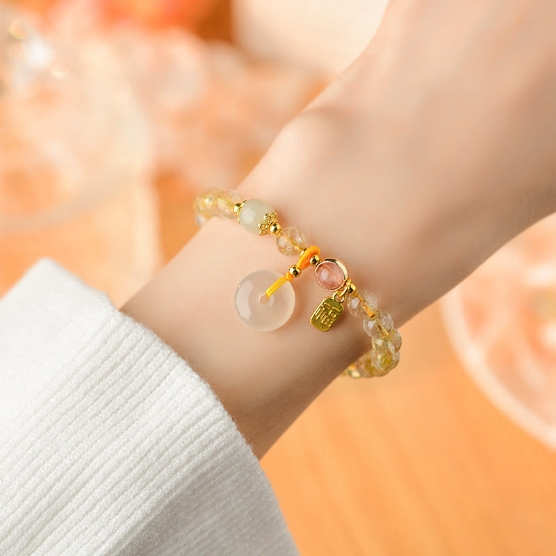 Pulsera de riqueza con dije de hebilla de paz con carácter Fu de Cuarzo rutilado dorado Natural con Buddha Stones