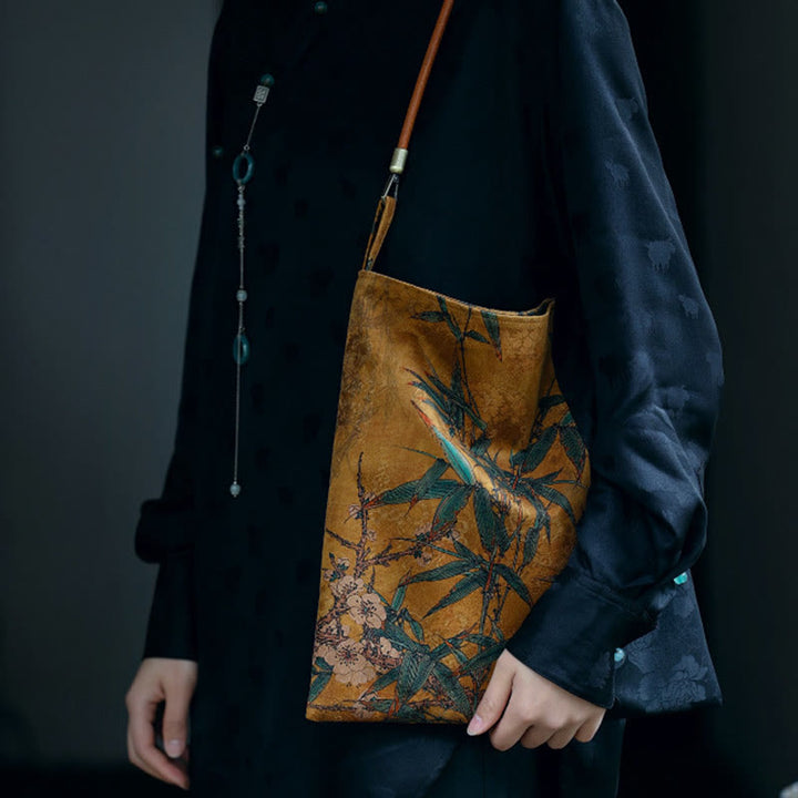 Bolso de hombro con Buddha Stones, hojas de bambú, flor, mariposa, caqui