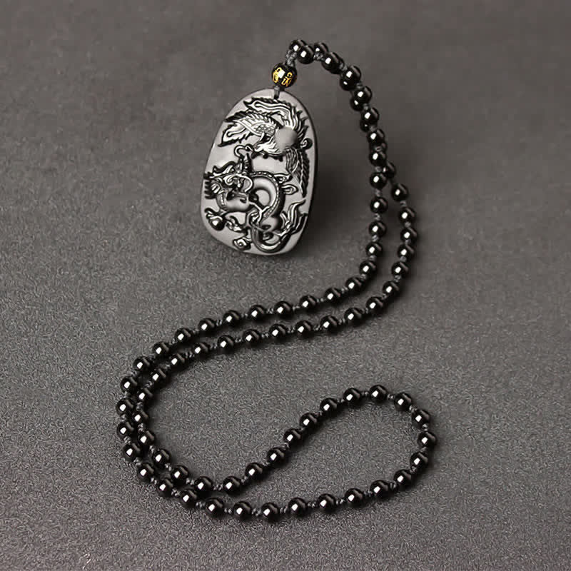 Colgante de collar con cuentas de protección de dragón y fénix de ojo de tigre de obsidiana negra