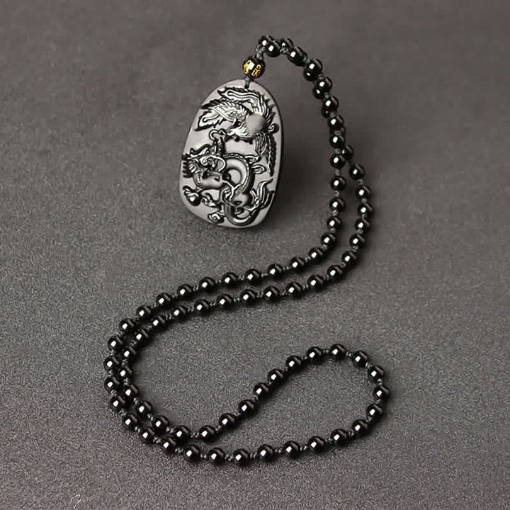 Colgante de collar con cuentas de protección de dragón y fénix de ojo de tigre de obsidiana negra