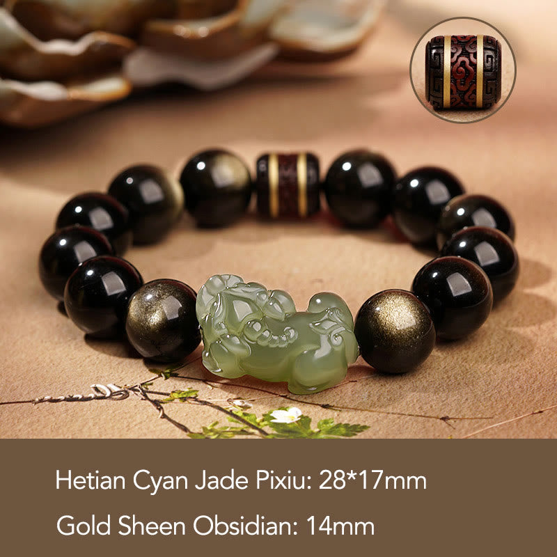 Buddha Stones Brillo de oro natural Obsidiana Hetian Cian Jade Blanco Jade PiXiu Pulsera de riqueza