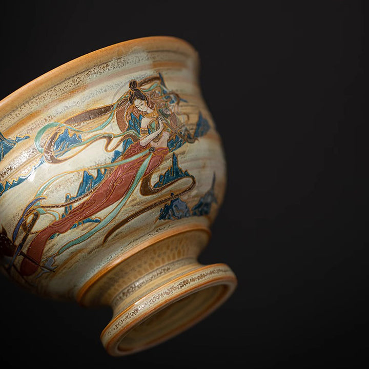 Taza de té de cerámica Gaiwan Sancai de Dunhuang Flying Apsaras con Buddha Stones, taza de té de Kung Fu con tapa