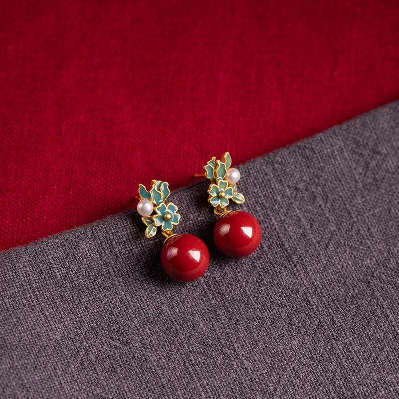 Juego de anillos y pendientes con colgante de flor de perla de cinabrio chapado en plata de ley 925 con Buddha Stones