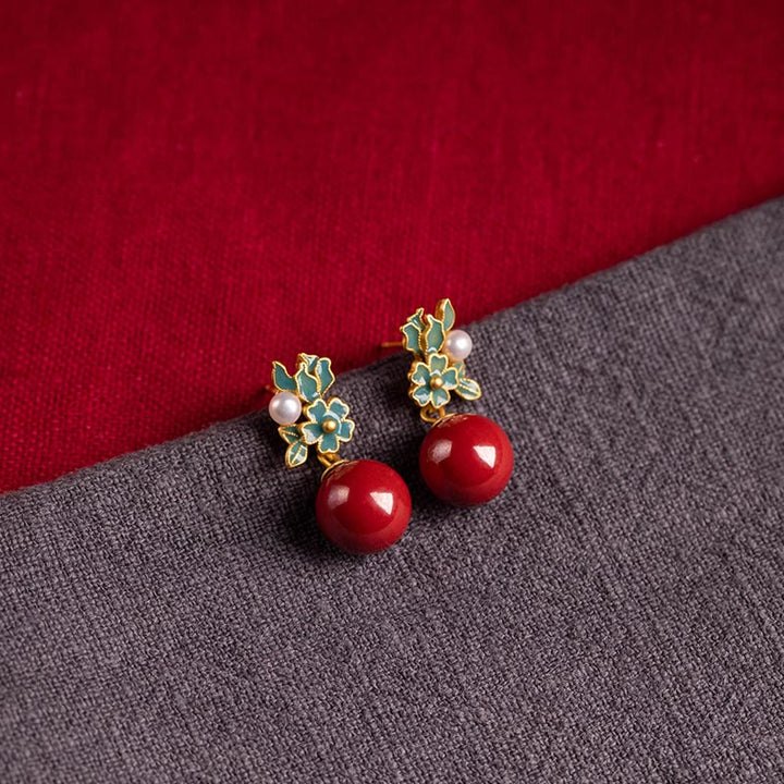 Juego de anillos y pendientes con colgante de flor de perla de cinabrio chapado en plata de ley 925 con Buddha Stones