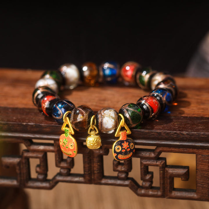Pulsera de la suerte con cuentas de cristal Liuli, Buddha Stones, cinco elementos, oro, bestia tragadora, familia