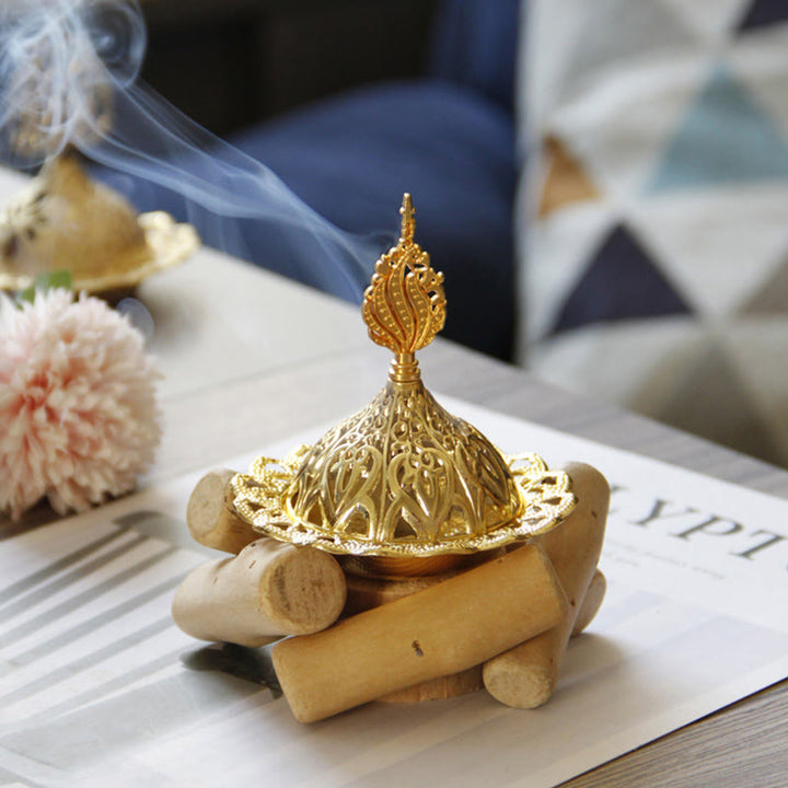 Mini quemador de incienso curativo de aleación de oro con decoración del hogar de posavasos de madera