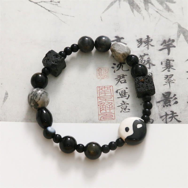 Pulsera de protección de la fortuna Yin Yang con cuentas de jaspe Picasso de ónix negro y Buddha Stones