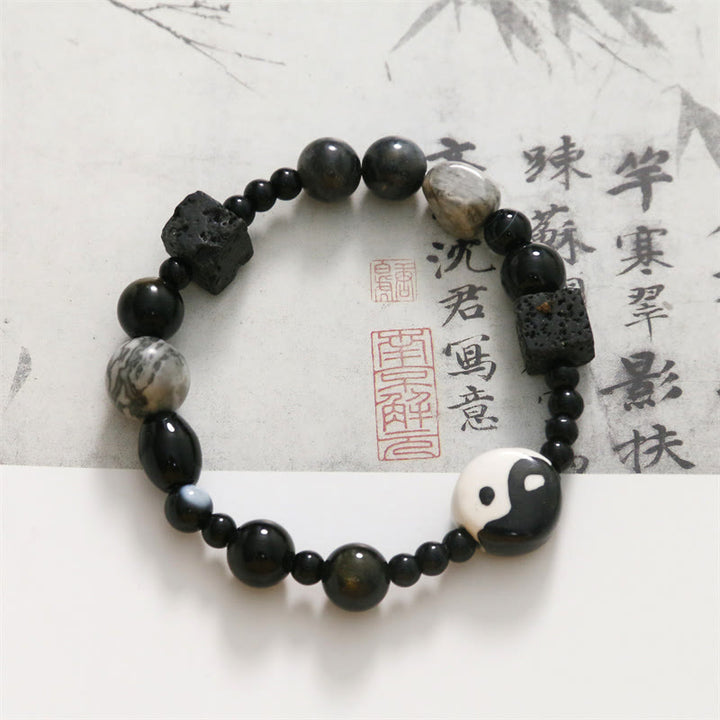 Pulsera de protección de la fortuna Yin Yang con cuentas de jaspe Picasso de ónix negro y Buddha Stones