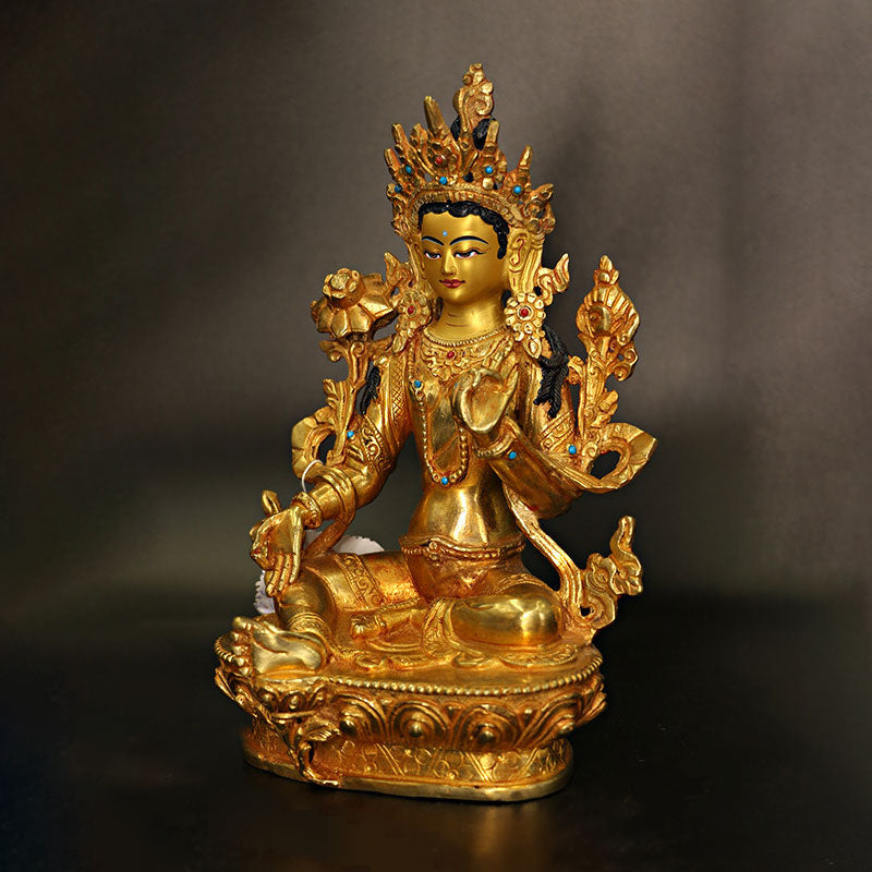 Bodhisattva Tara Chenrezig, protección de Avalokitesvara de cuatro brazos, decoración de estatua chapada en oro y cobre