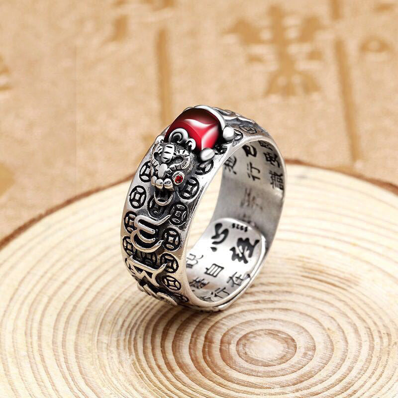 Genstone PiXiu Feng Shui Rana Vajra Dorje Corazón Sutra Riqueza Anillo Ajustable