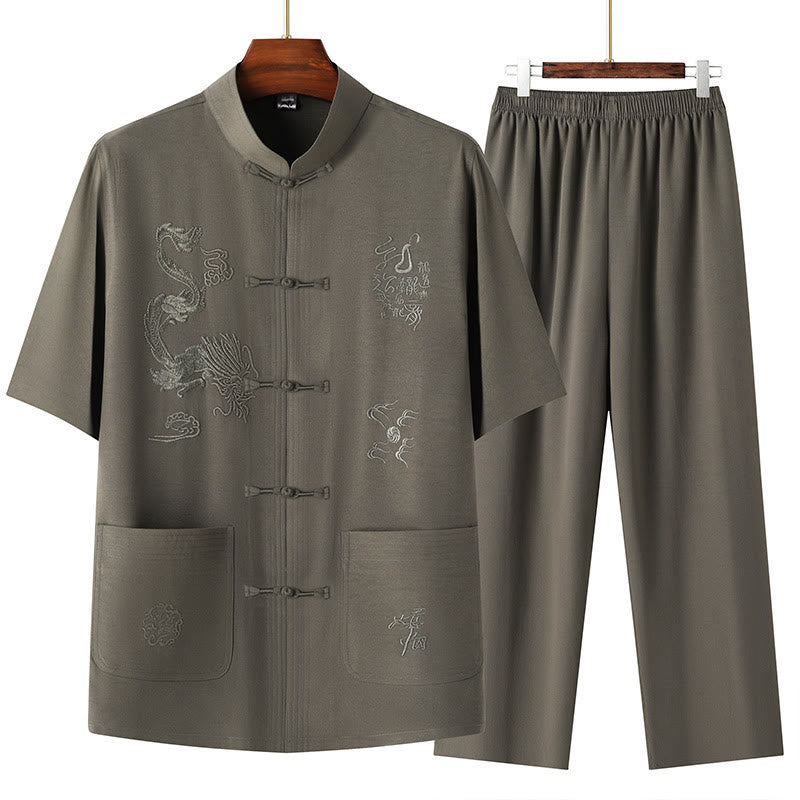 Traje Tang de Buddha Stones Hanfu dragón chino uniforme de kungfú tradicional camisetas y pantalones de manga corta conjunto de ropa para hombre - Verde militar - US/UK/AU44, EU54 (4XL) - image 2