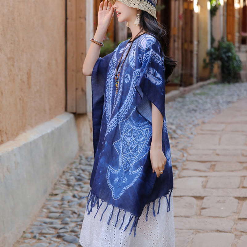 Jersey de viaje acogedor con borlas y chal Batik geométrico azul de Buddha Stones 90*95cm