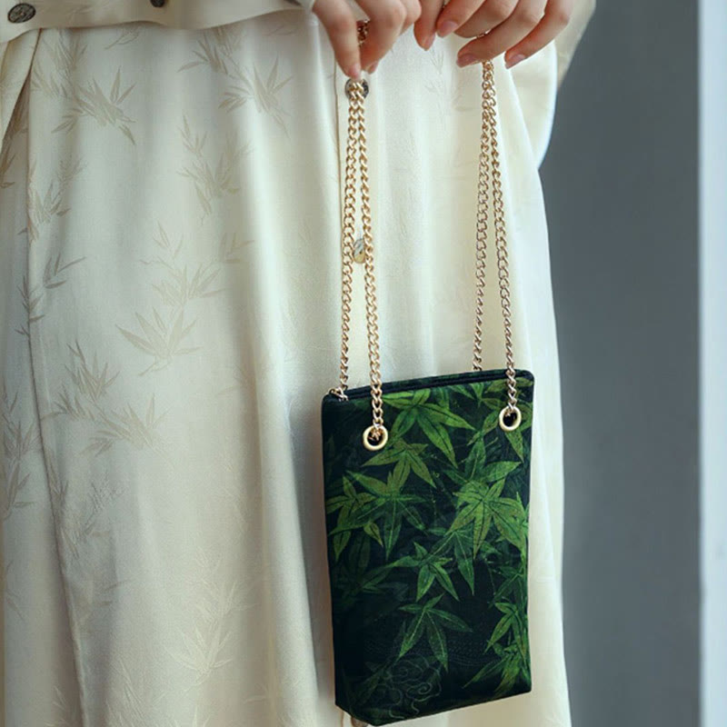 Bolso bandolera con cadena de metal caqui y hoja de arce pequeña con Buddha Stones , bolso de hombro, bolso para teléfono móvil