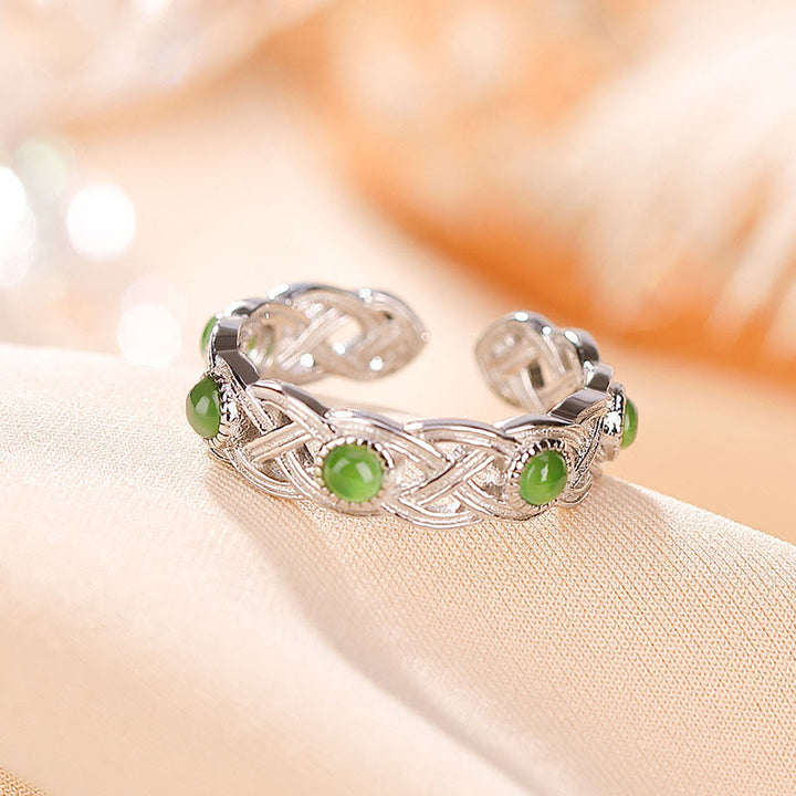 Anillo ajustable con diseño trenzado de jade cian y oro chapado en plata de ley 925 con Buddha Stones