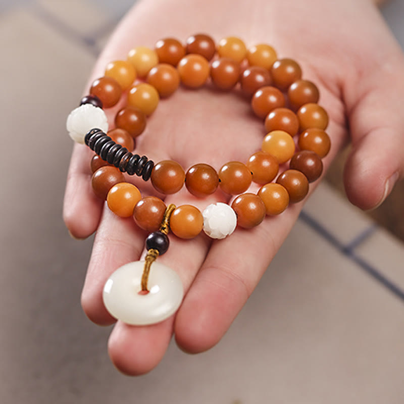 Pulsera de doble envoltura con hebilla de paz y jade de loto, semilla de Bodhi cian