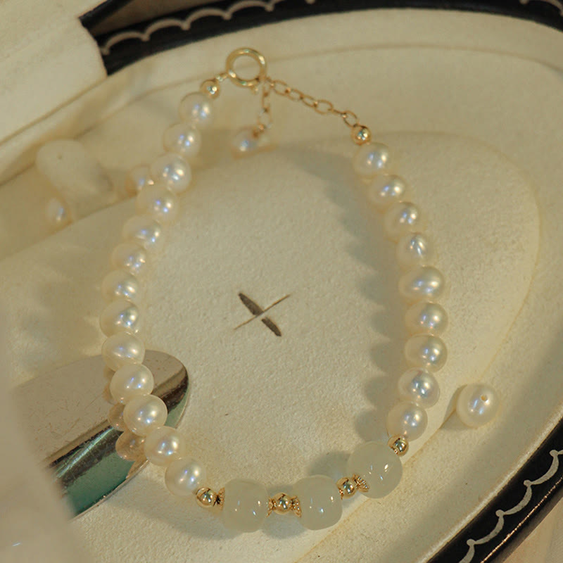 Pulsera de cadena de cuentas de sinceridad de jade blanco de jade cian hetiano de perlas naturales chapadas en oro de 14 quilates