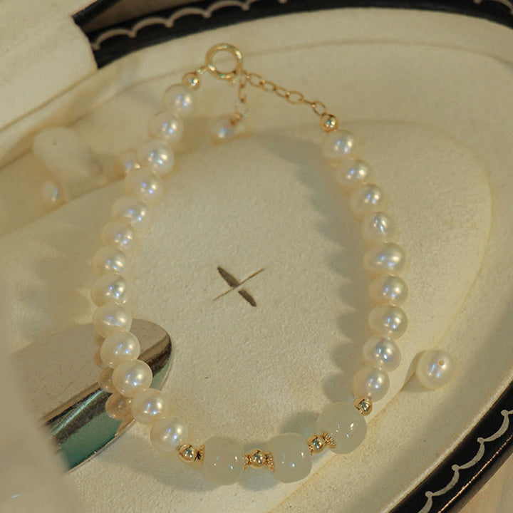 Pulsera de cadena de cuentas de sinceridad de jade blanco de jade cian hetiano de perlas naturales chapadas en oro de 14 quilates