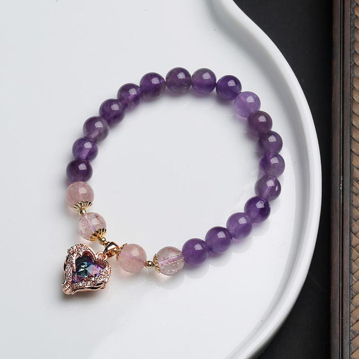 Pulsera de la fortuna de cristal de cuarzo fresa y amatista natural