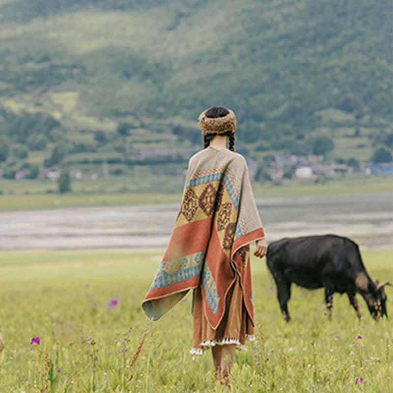Bufanda de capa cálida de invierno con patrón de diamantes de chal tibetano de Buddha Stones - image 6