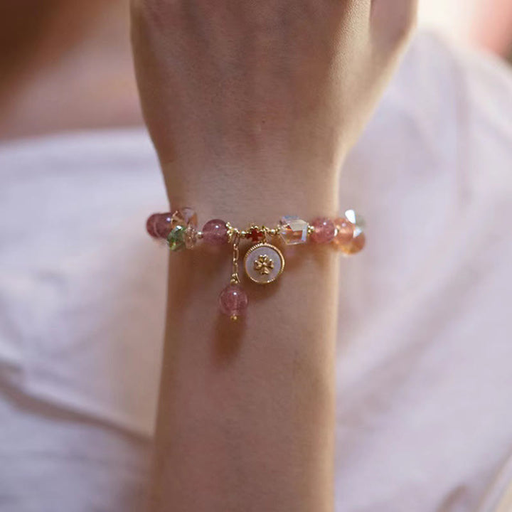 Pulsera con dijes curativos de trébol de cuatro hojas de la suerte, cuarzo fresa, Buddha Stones
